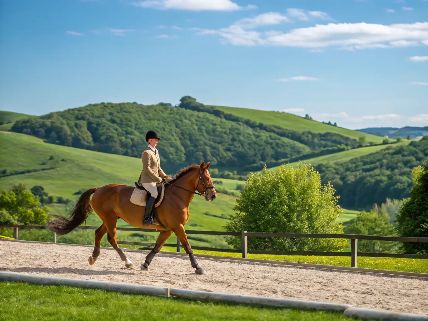A rider thoughtfully reviewing training notes and diagrams, with a horse grazing peacefully in the background. The image represents continuous learning and improvement.