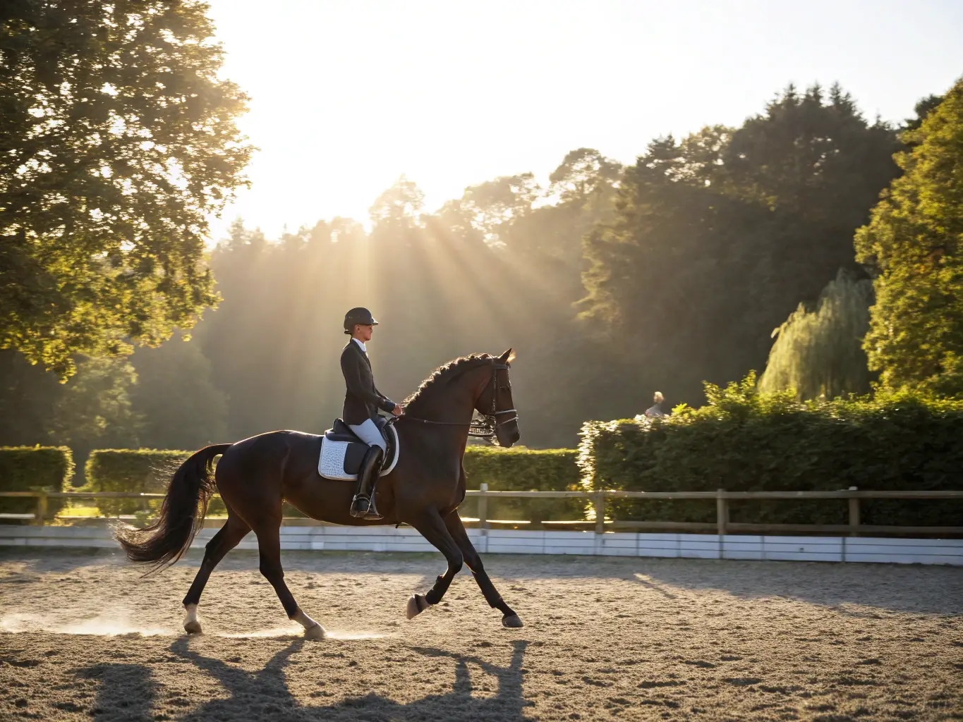 A serene image of a rider and horse in perfect harmony, performing a dressage movement in a sunlit arena. The focus is on the connection and partnership between the two, showcasing balance and grace.