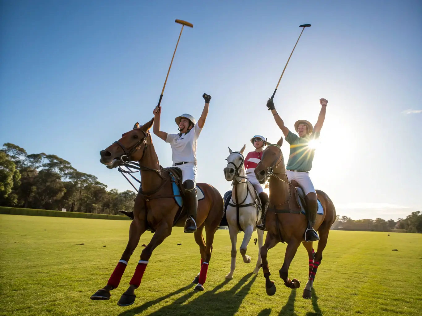 A polo player wearing the Polo Performance Polo Shirt in action during a match. The image should capture the dynamic energy of the sport and the comfort and performance of the apparel.
