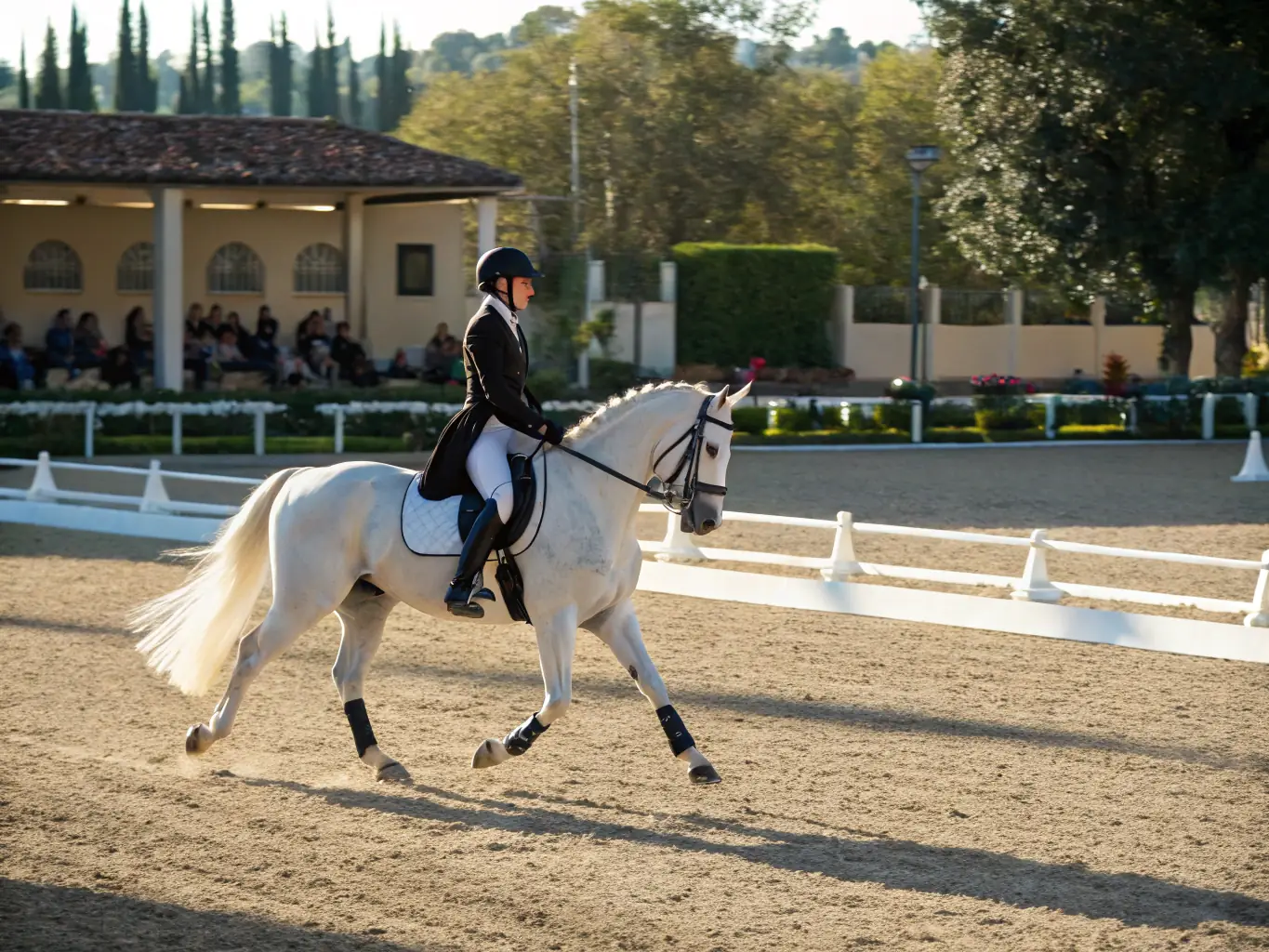 A rider in Champion Pride apparel, specifically the Equestrian Blazer, mounted on a horse in a dressage arena. The image should convey confidence, elegance, and a deep connection between the rider and horse.