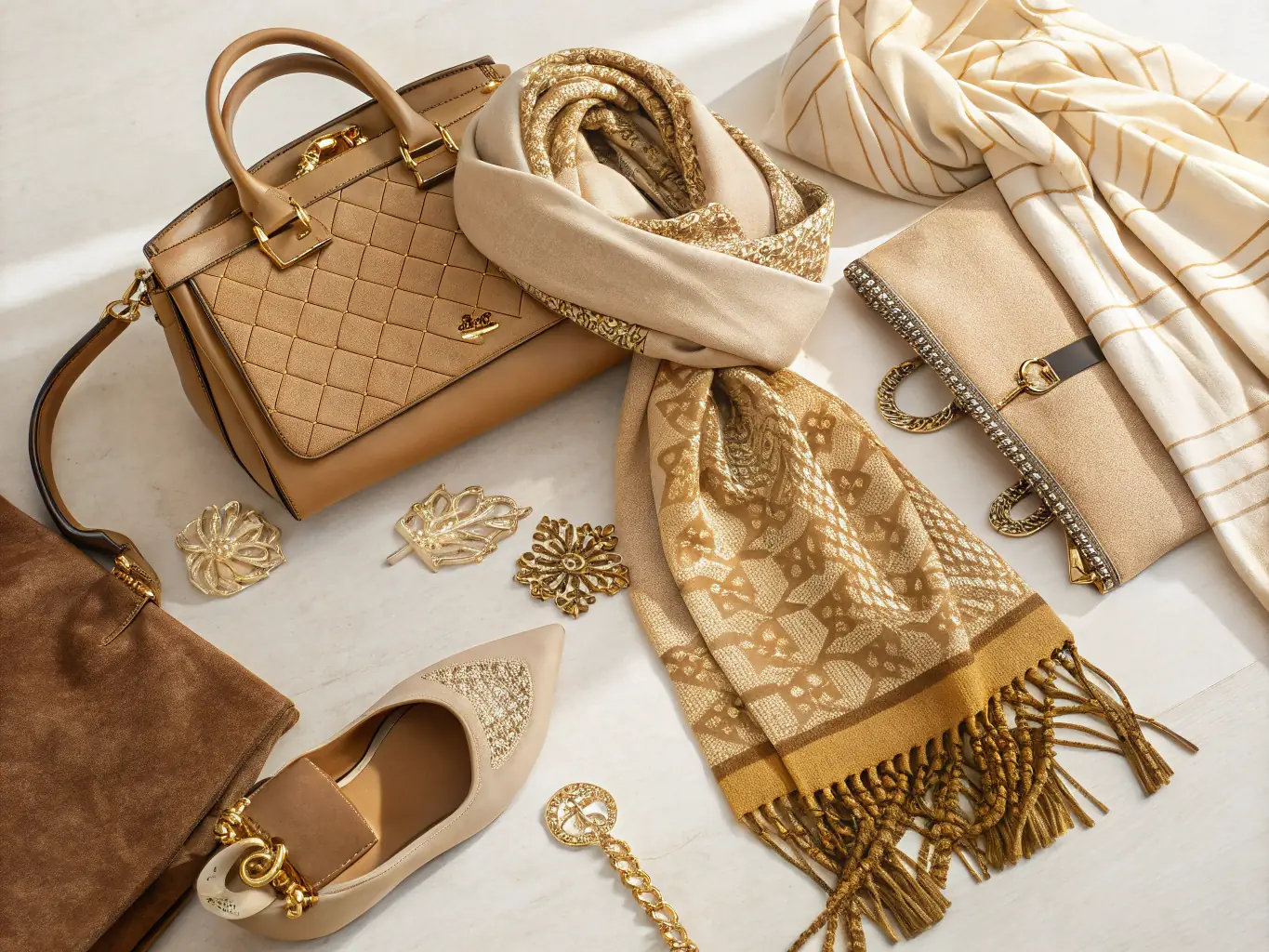 A close-up shot of Champion Pride Leather Gloves and Silk Equestrian Scarf laid out on a saddle, highlighting the quality and craftsmanship of the accessories. The image should evoke a sense of luxury and heritage.