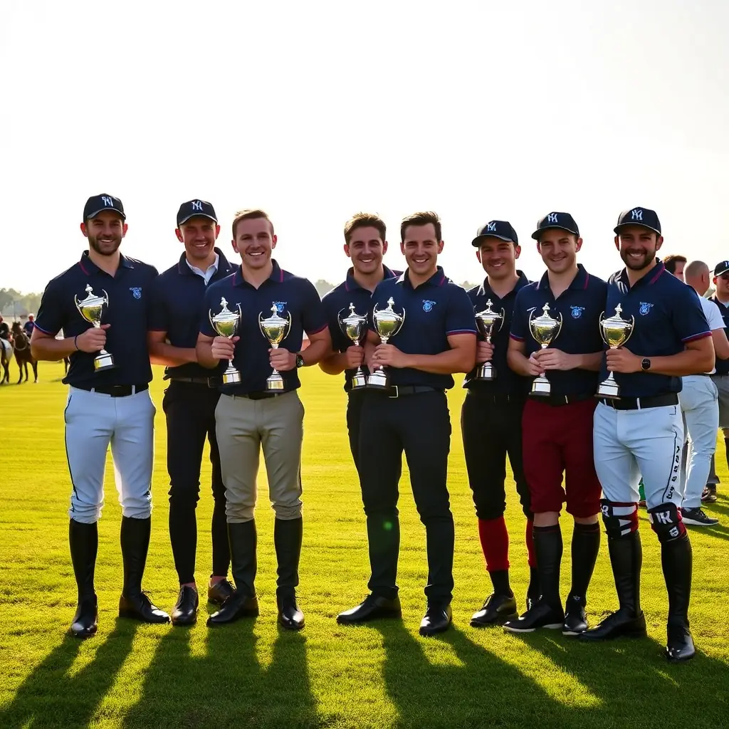 A vibrant image showcasing players receiving awards at the end of the season ceremony, with trophies and smiling faces, set against the backdrop of a polo field.