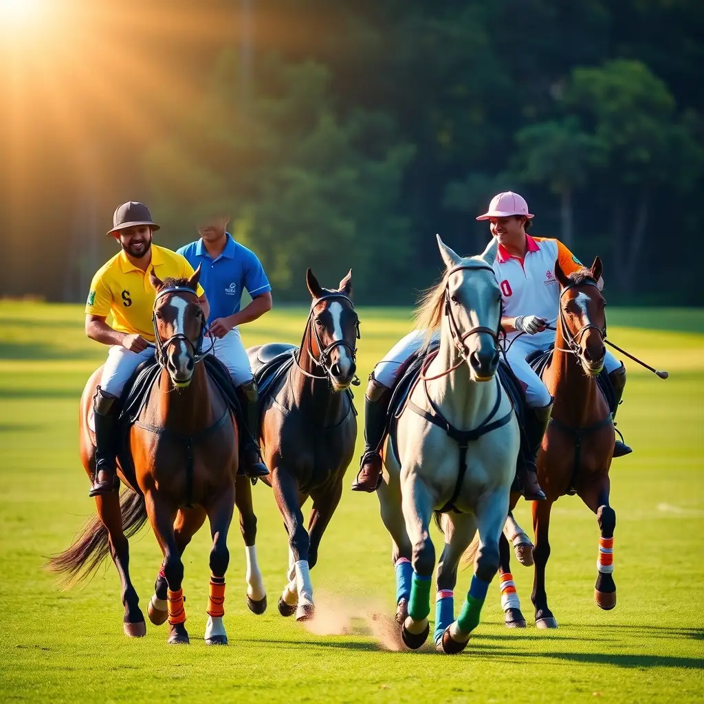 Image depicting a diverse group of polo players in a friendly, competitive setting, symbolizing fair play and equal opportunity.