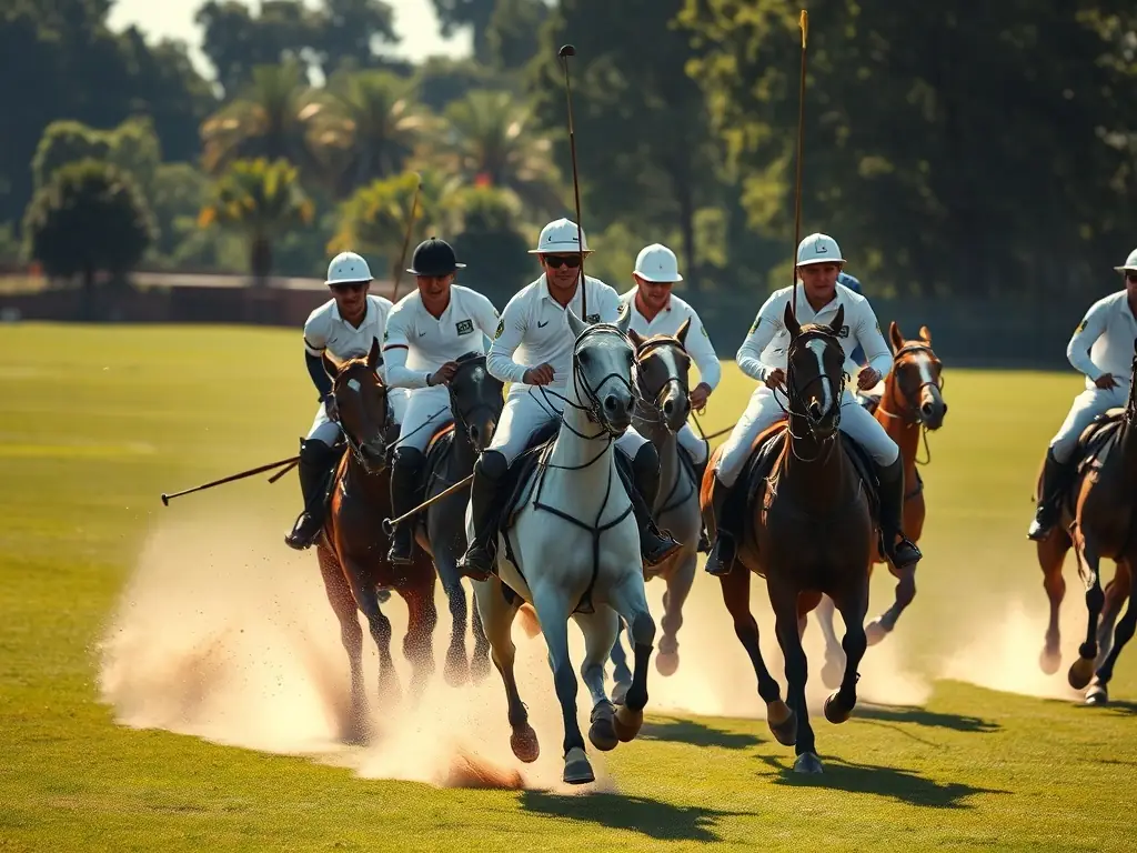 A dynamic image of polo players in action on a lush field, representing the exclusivity and excitement of the Champion Pride Polo League.