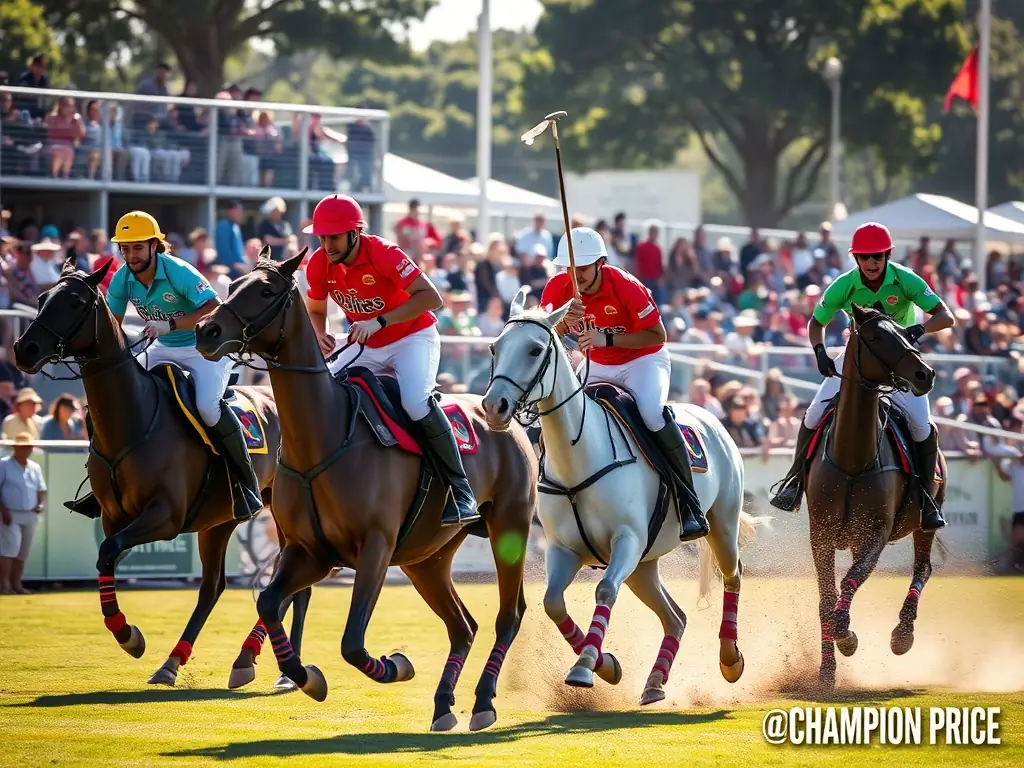 A vibrant photograph capturing the excitement of a Champion Pride Polo League event, showcasing players in action and spectators enjoying the match at a host club.