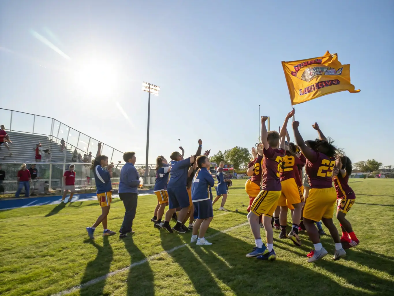 An energetic group of players celebrating after a match, vibrant sports event atmosphere